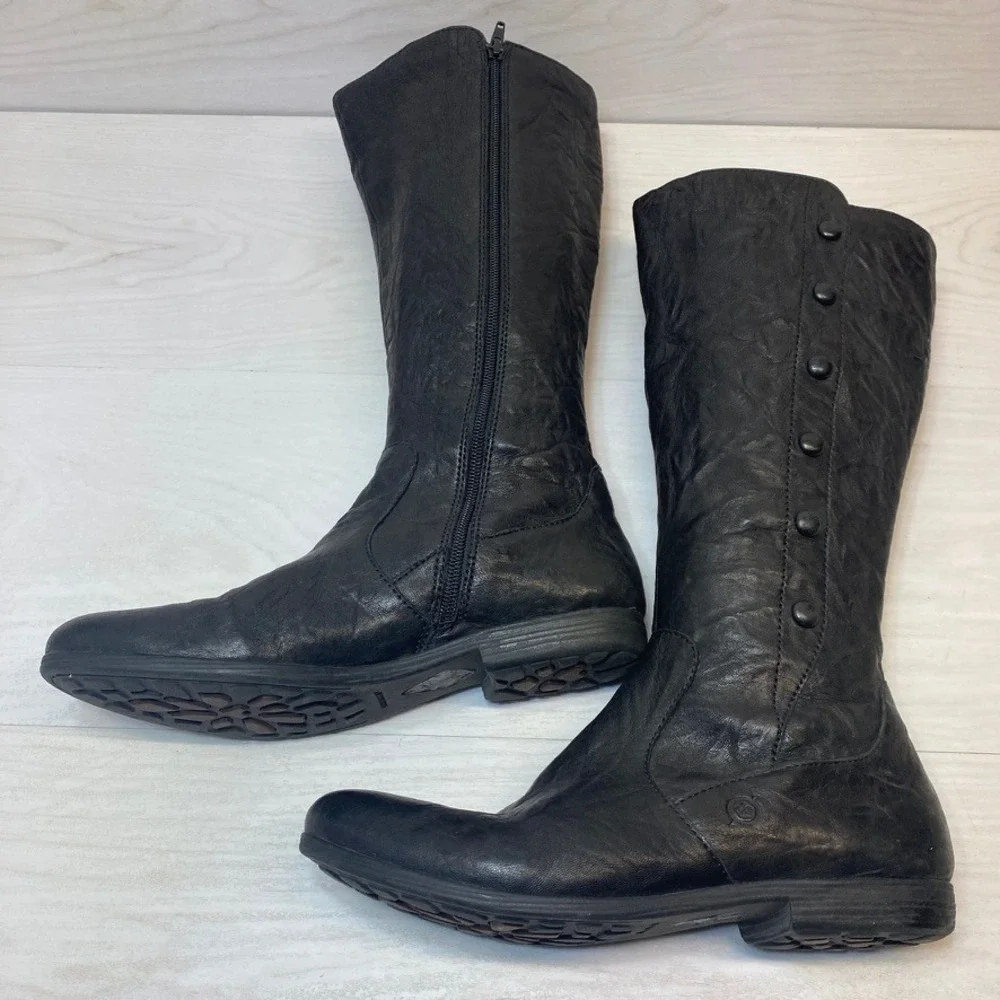 Born Womens 9.5 Tall Boots Sage Riding Black Leather Flat Knee High W32402